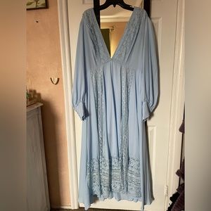 1XL Light blue floor length dress. Deep V neckline with lace detailing.